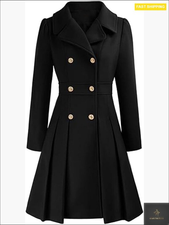 Jackets & Blazers - Double Breasted Wool Blend Pea Coat Notch Lapel A-Line Slim Flared Trench